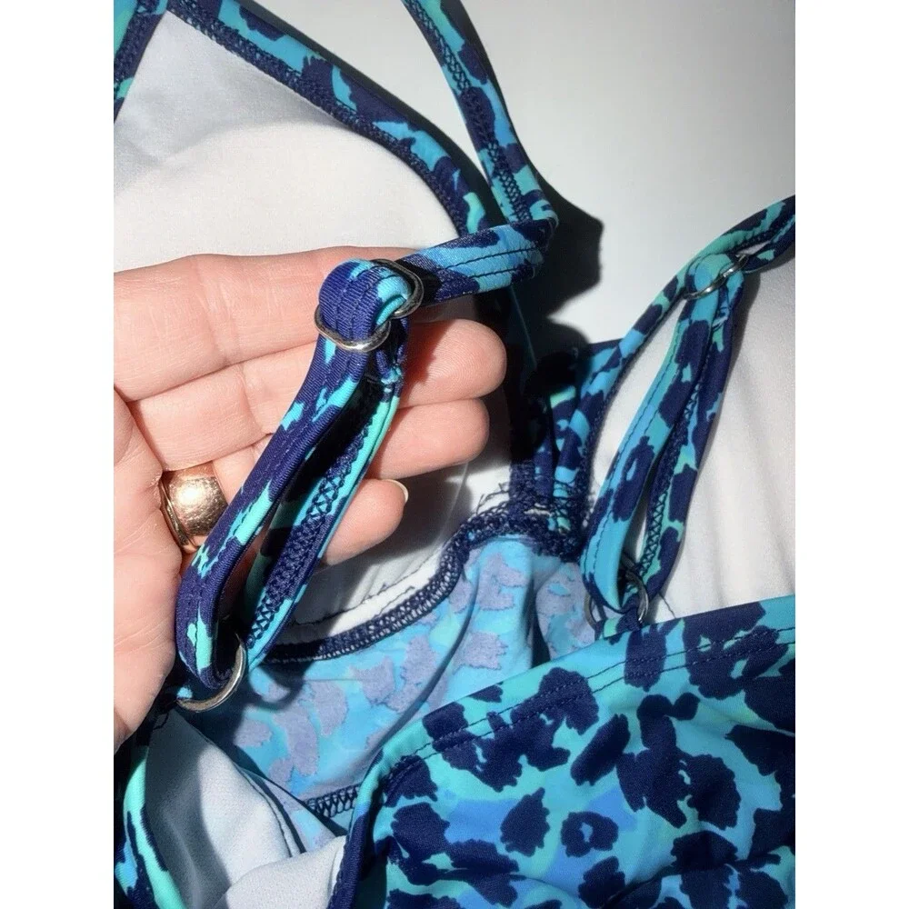 24th & Ocean Tankini Top Womens Sz S Blue Animal Print Layered Ruffle New